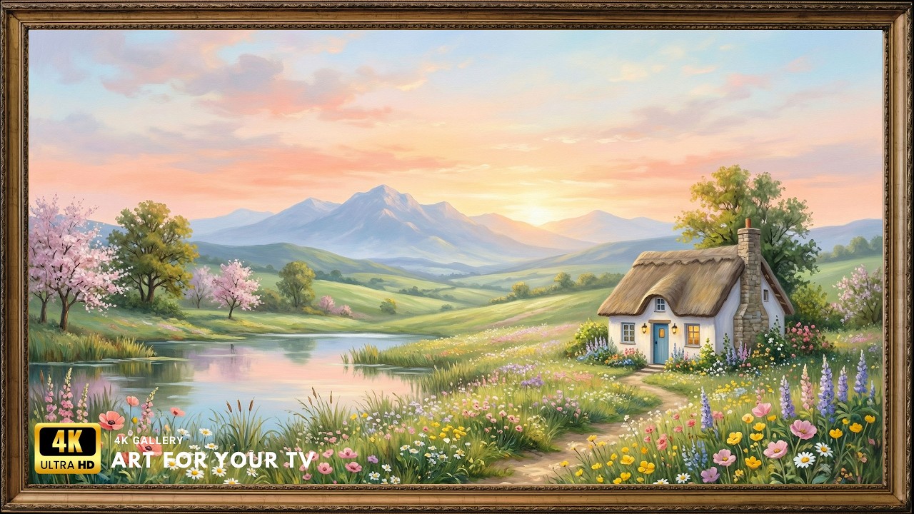 Enchanted Spring Cottage & Wildflower Meadow, Vintage Oil Painting 4K UHD | Framed Art TV