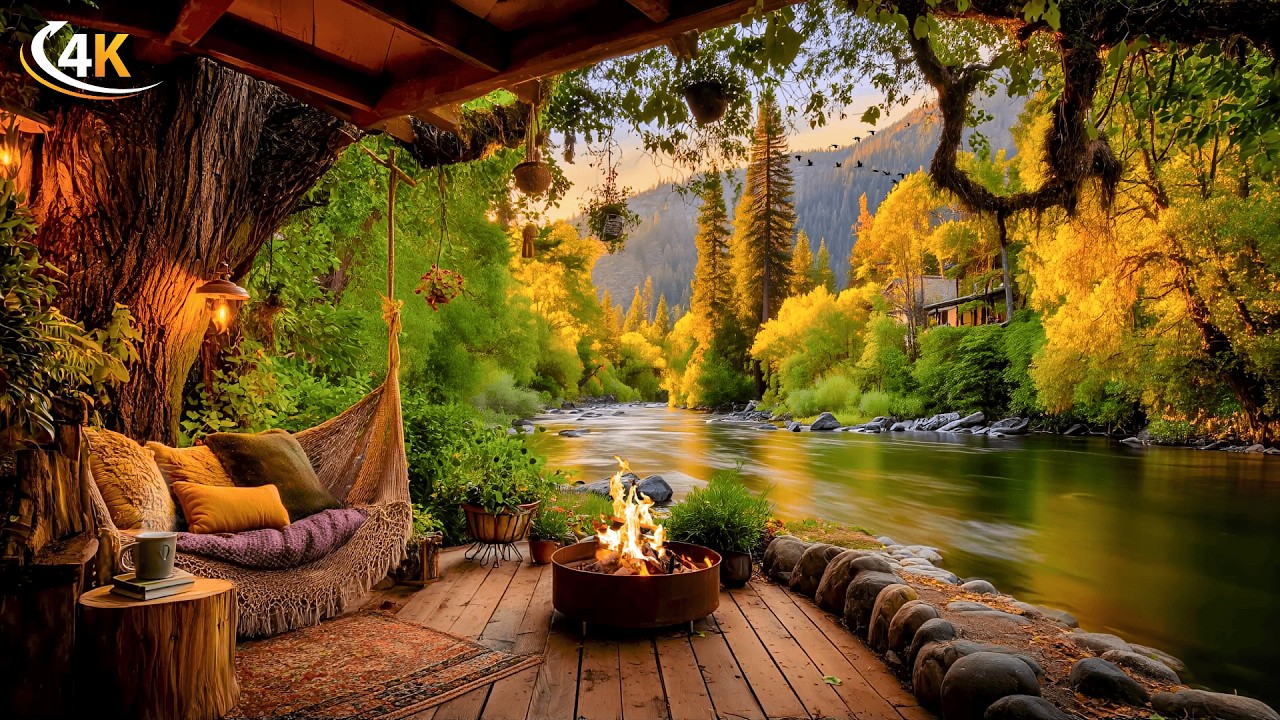 Spring Riverside Ambience 🌸🌊 | Cozy Porch & Cabin Campfire with Relaxing Stream Sounds (4K)