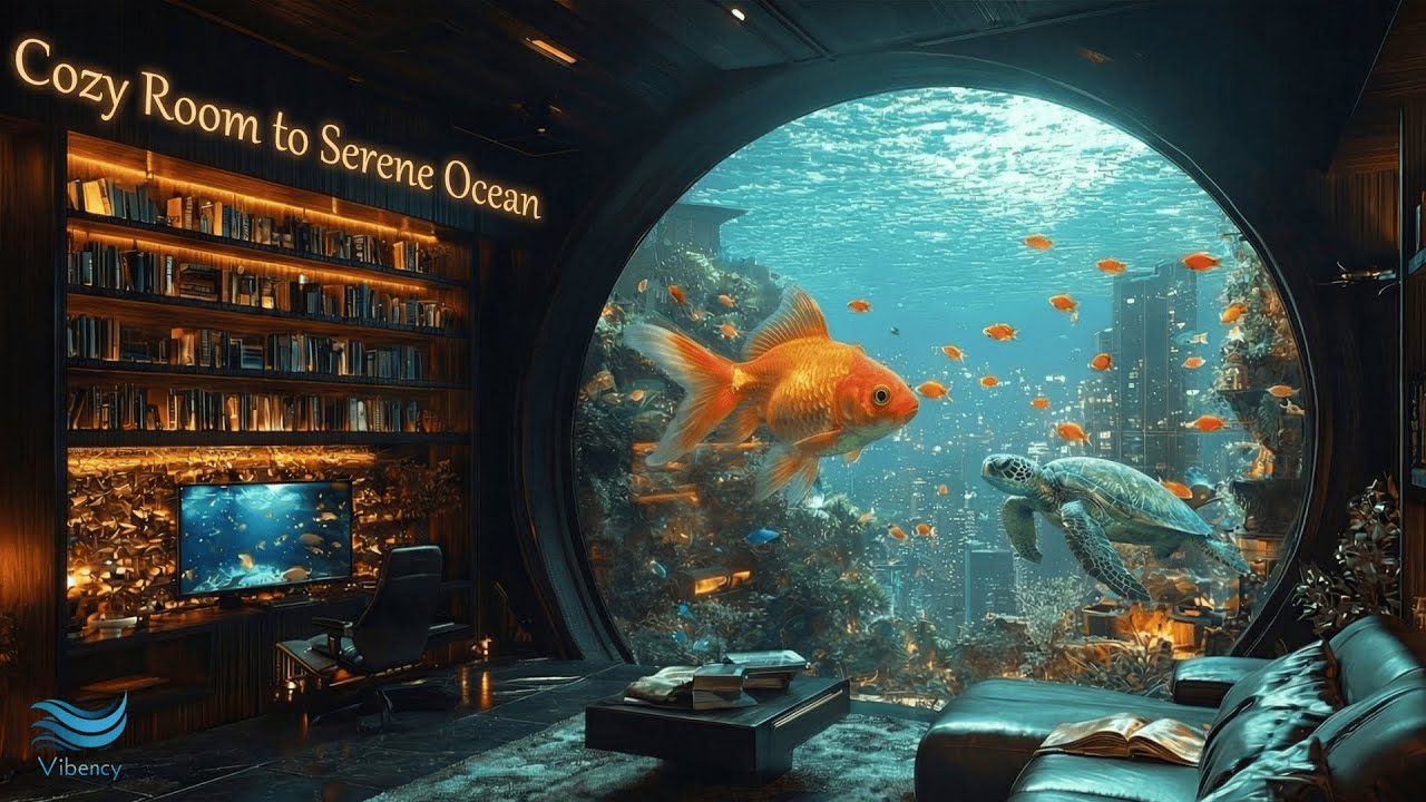 Cozy Room to Serene Ocean |1-Hour 4K Relaxing Underwater Ambience & Piano 🎧Study, Sleep & Meditation