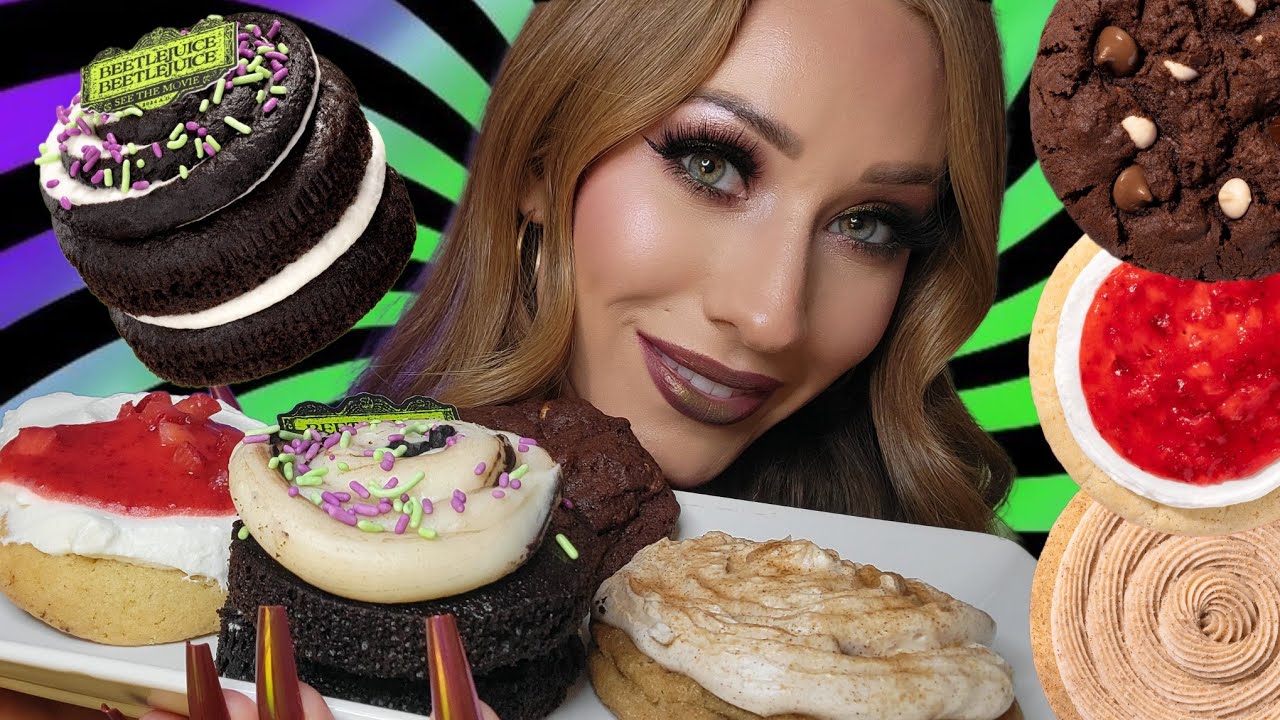 ASMR | *NEW* AFTERLIFE CAKE Crumbl Cookie *Mukbang* x Beetlejuice!! 🪲🍪👻 (eating sounds, tapping)