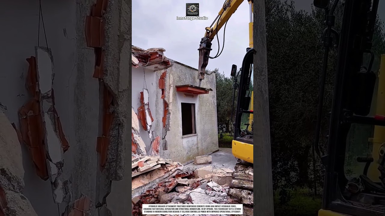 Demolishing Concrete Walls Using Hydraulic Breaker Attachment For Efficiency