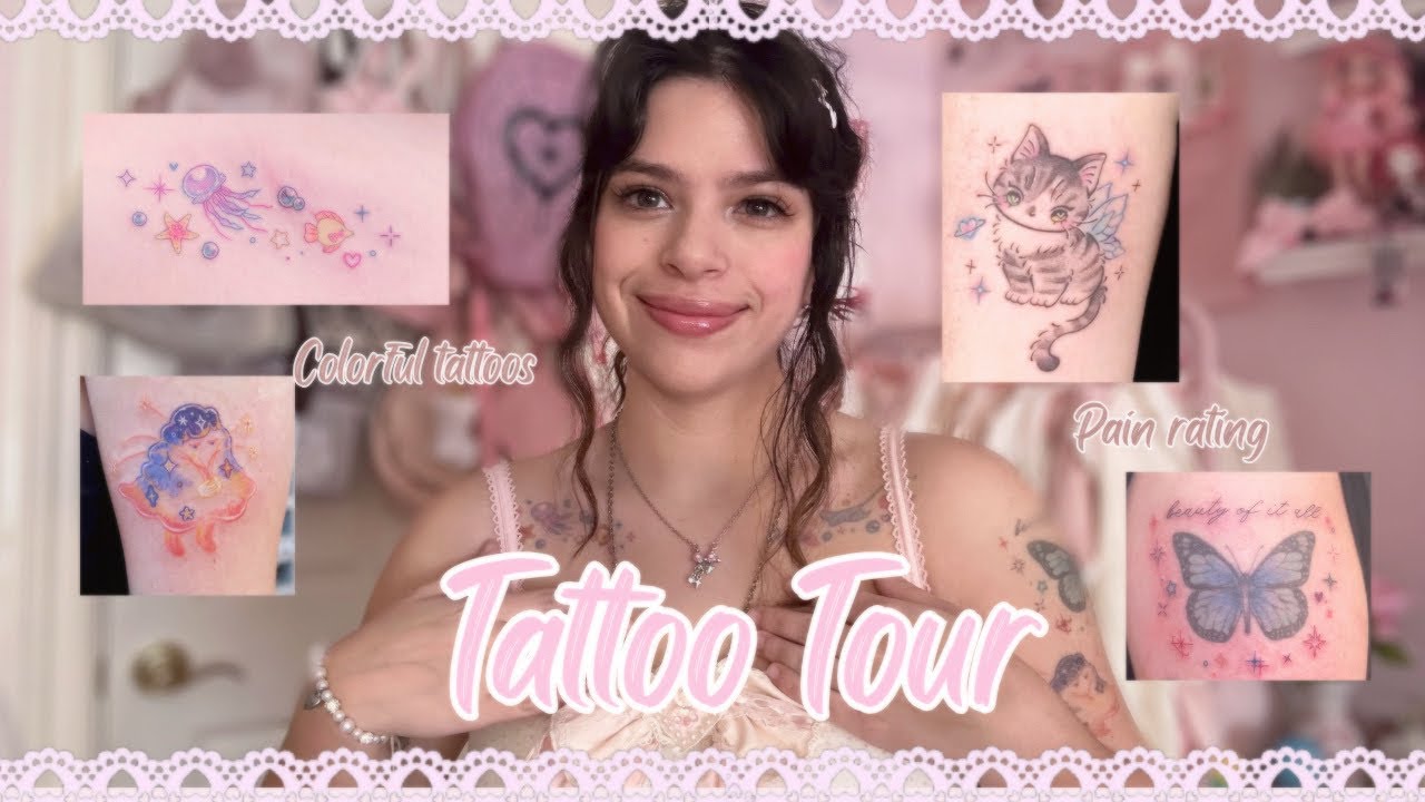 Tattoo tour ˏˋ°•*⁀➷🦋 Whimsical colorful tattoos, meanings, pain scale  ˚ ༘♡ ⋆｡˚🐱