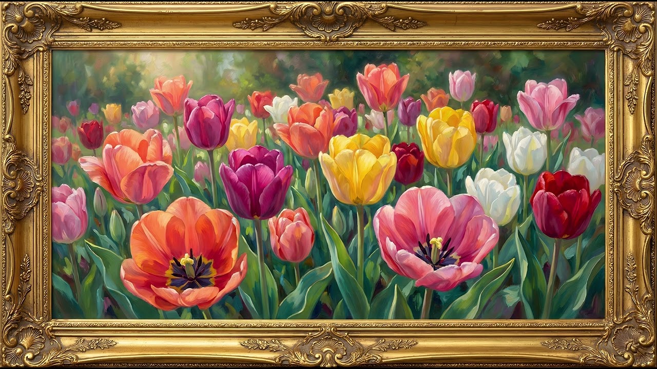 Rainbow Tulip Garden | Gold Frame Smart TV Wallpaper | 2HR Spring Art 4K