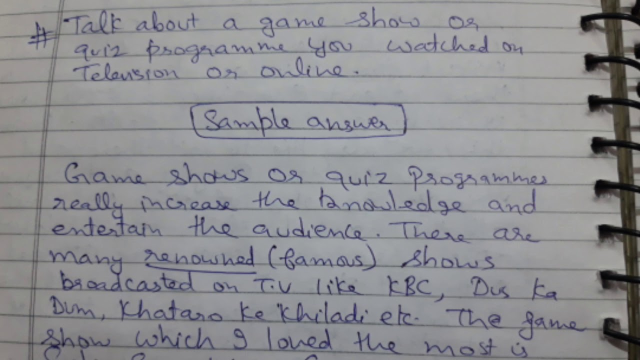 Talk about a game show or quiz programme you watched on television or online (new cue card)
