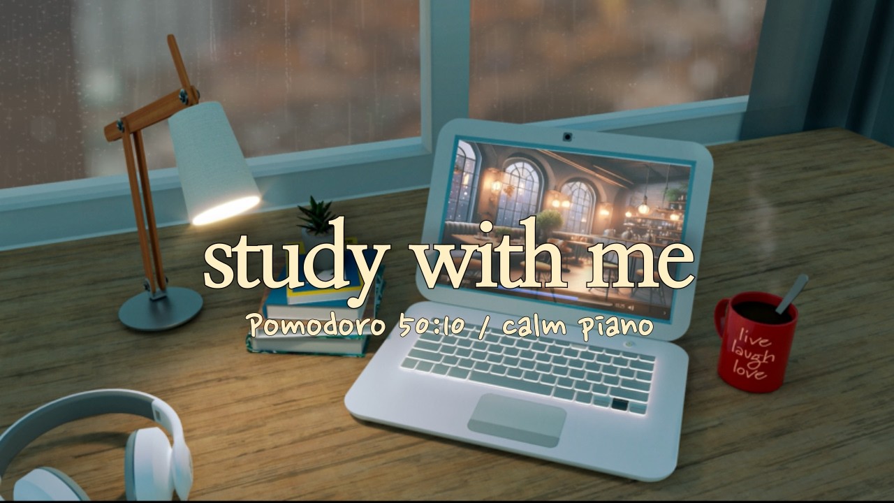 [ 50:10 ] 딱 한 시간만 집중, 고요한 빗소리 서재 ｜ 심야집중 피아노 선율 + 빗소리 ASMR ｜ Study with me