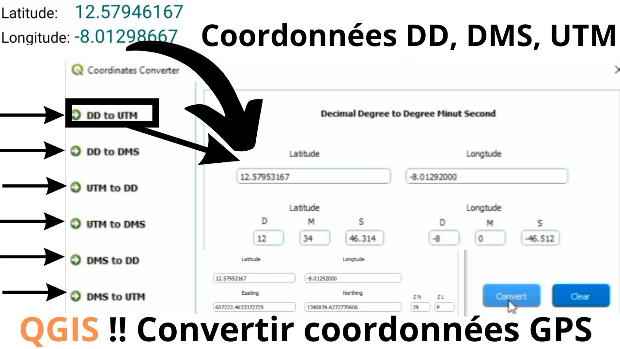 qgis convertir coordonnées x y en latitude longitude et DMS