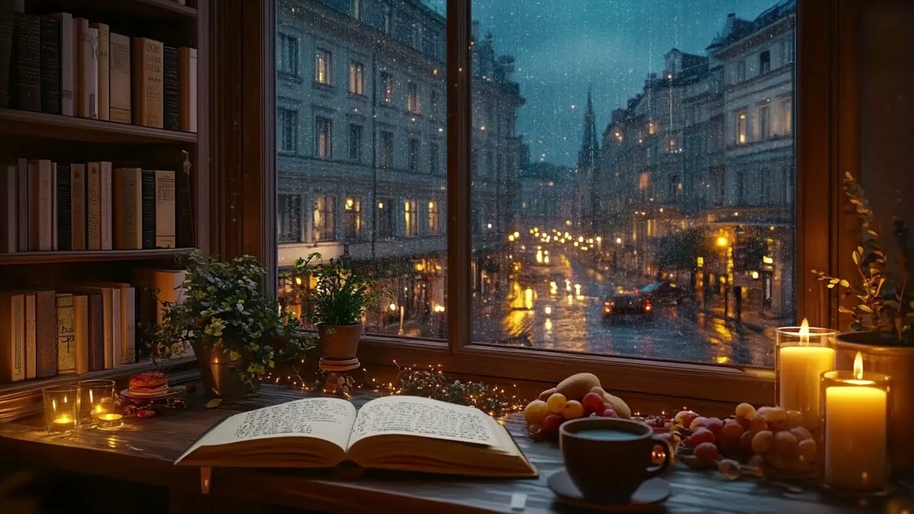 Cozy Rainy Cafe with Relaxing Jazz and Book Ambience | Perfect for Study  Work and Relax