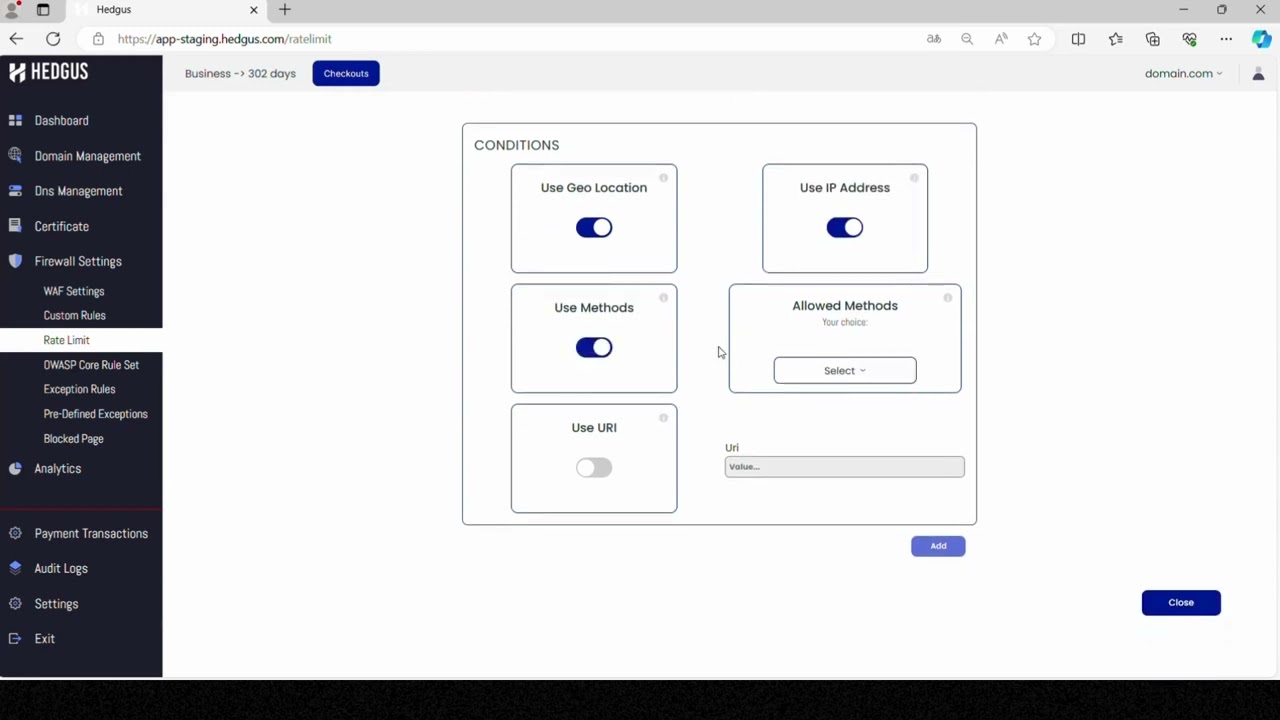 Hedgus WAF - Firewall Settings Rate Limit