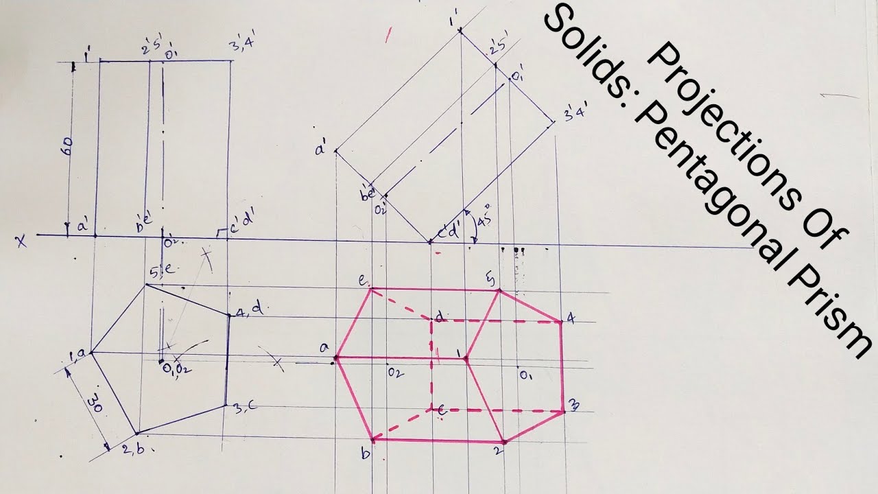 How to draw Projections Of Pentagonal Prism inclined to H. P