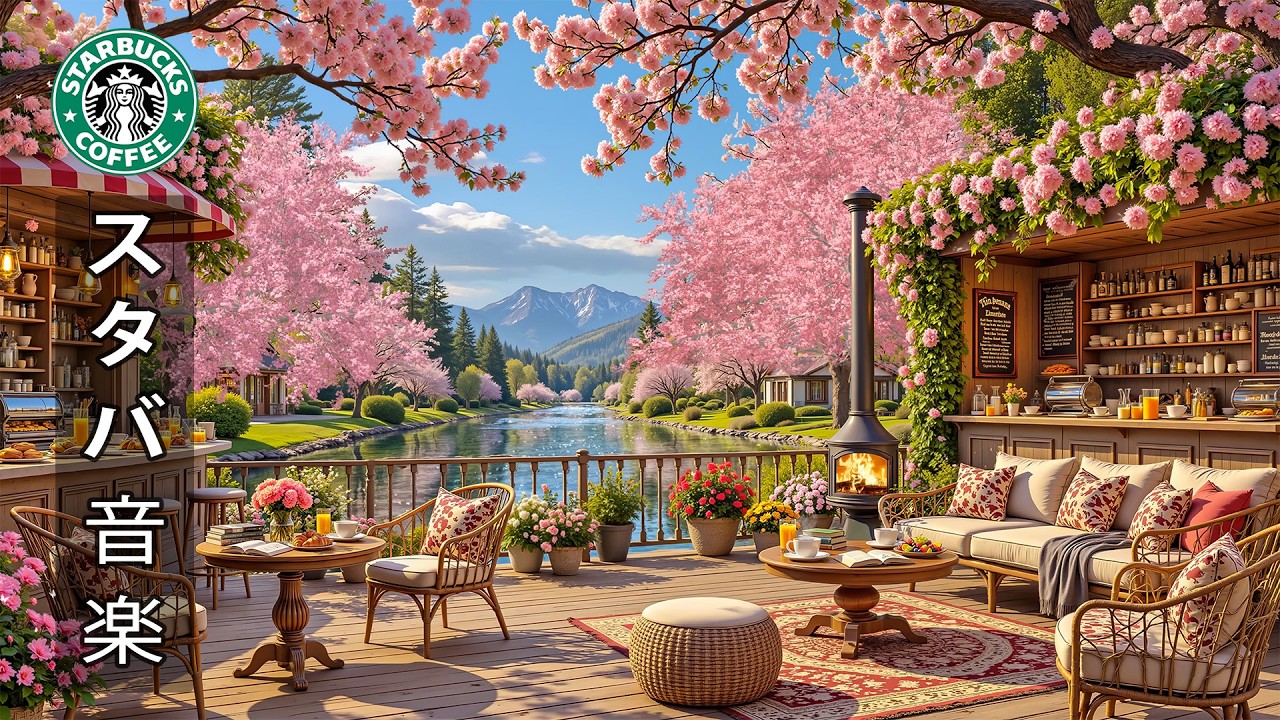 【作業用bgm】【途中広告なし】4月の朝、満開の桜に囲まれた川沿いのスターバックスカフェにて 🌸 リラックスできる心地よいジャズとストレス軽減 | 仕事、勉強、集中力アップのためのボサノバ