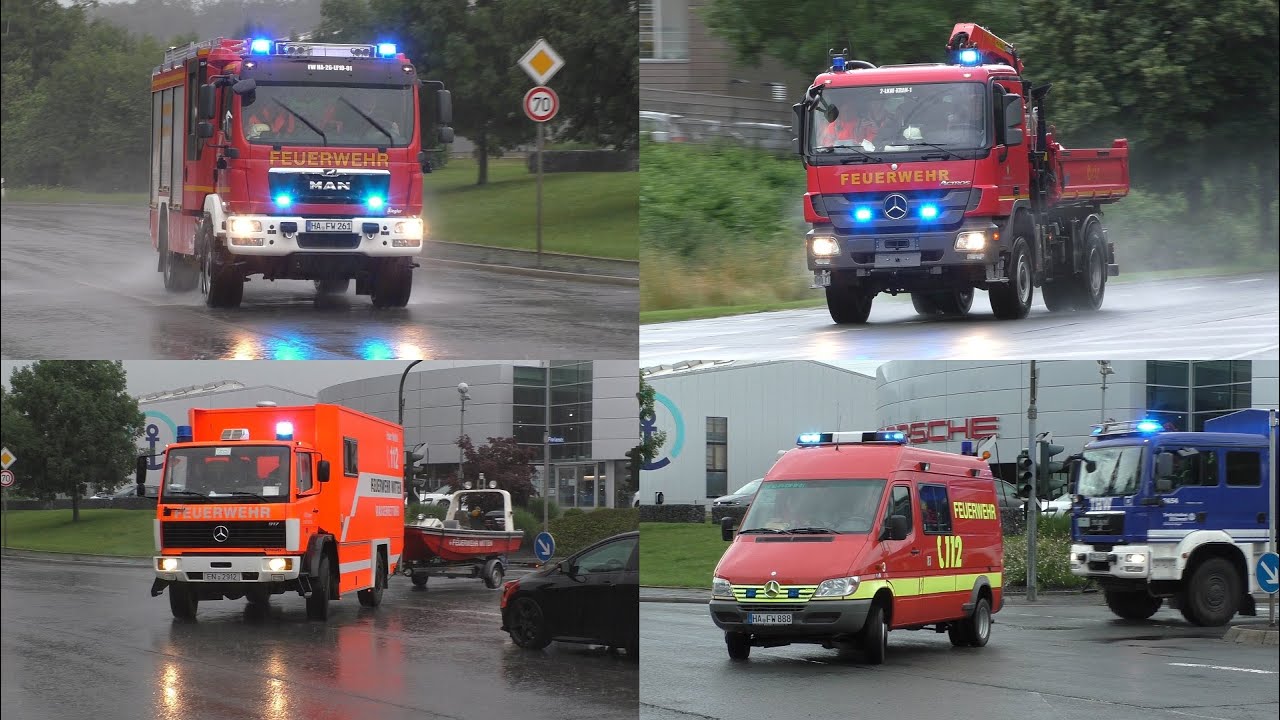 [Schweres Unwetter in Hagen] Einsatzfahrten Feuerwehr, Rettungsdienst, THW, DLRG und Polizei
