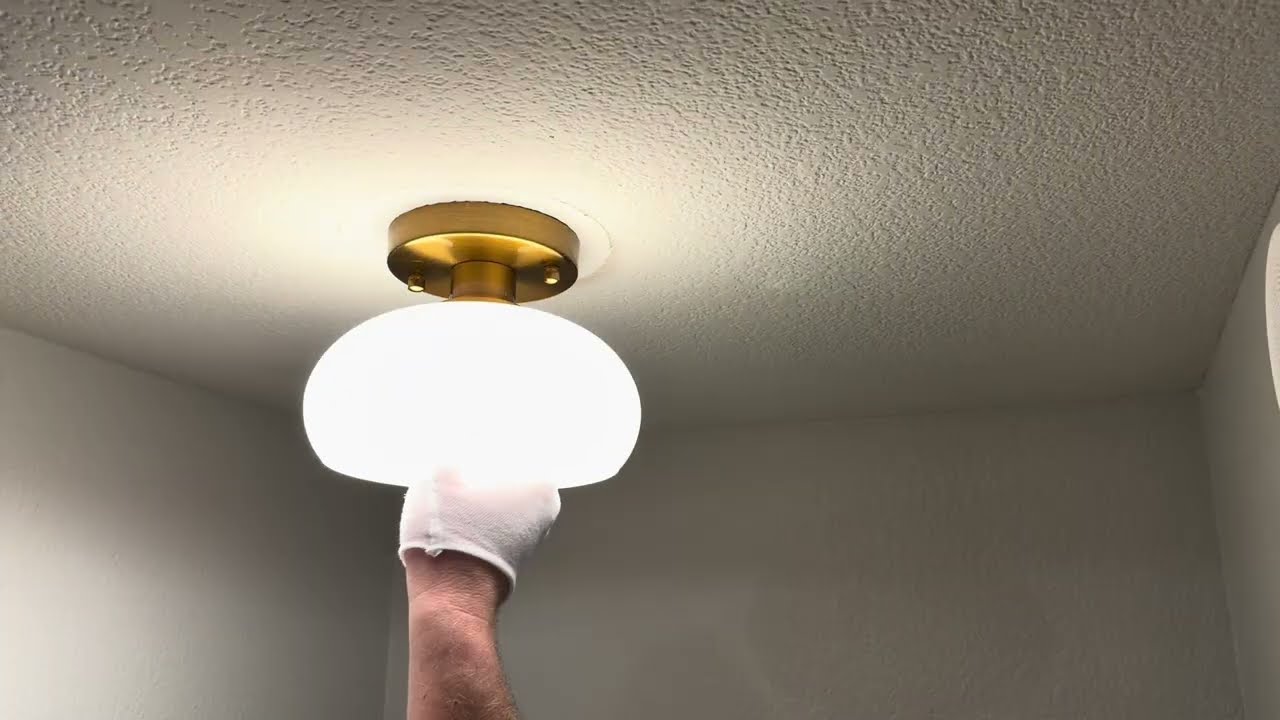 Mid-Century Gold Ceiling Light Fixture - 8 Inch Semi Flush Mount Hallway Light w White Glass Shade