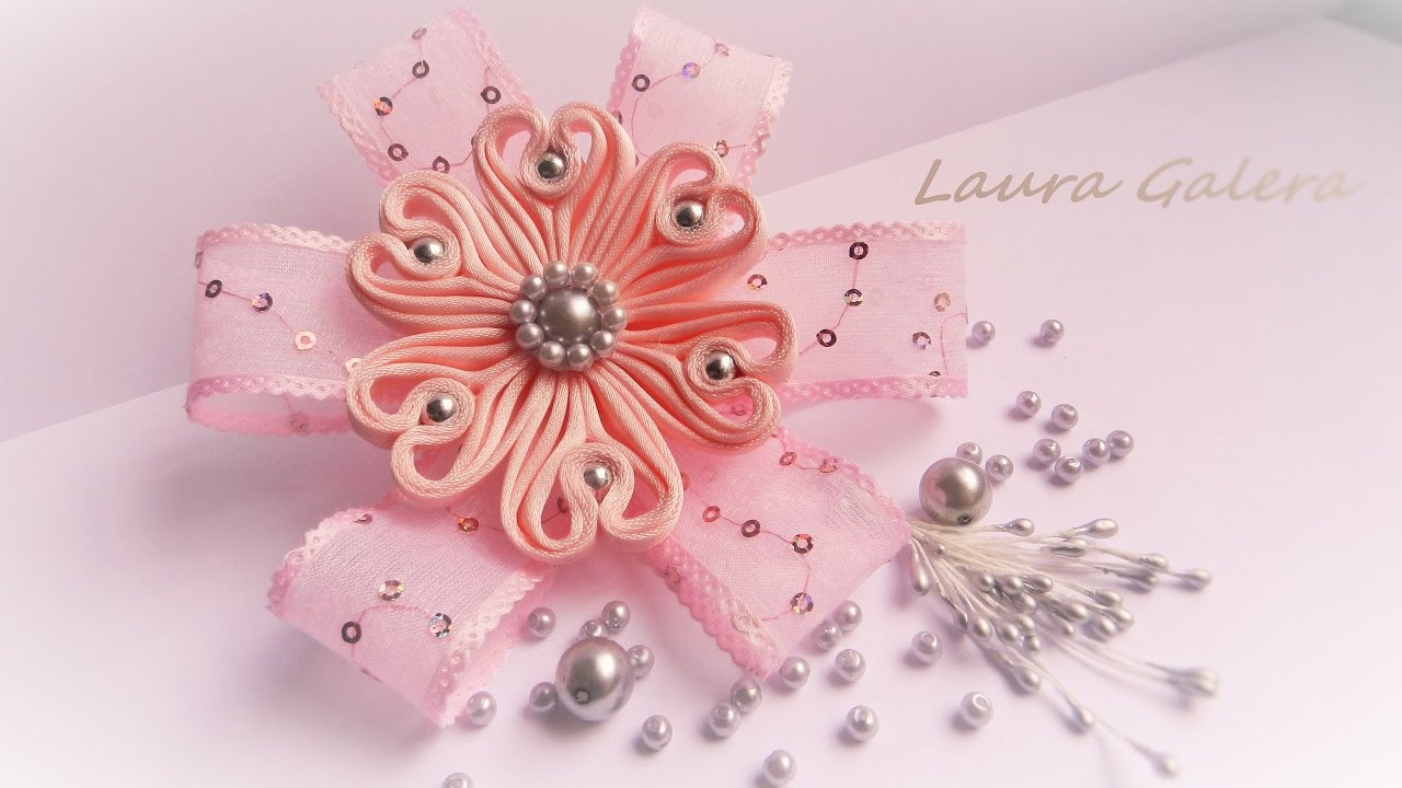 Ribbon flower for hair clip Flor en cintas  Flor de fita artesanal   Цветок ручной работы