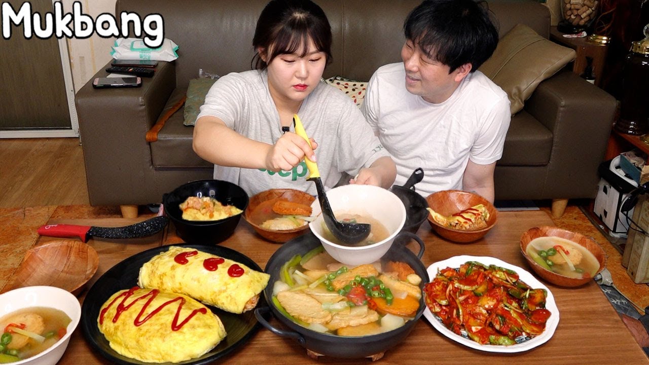 Mukbang l Omurice, как наслаждаться овощами. С рыбным супом и огурцом.