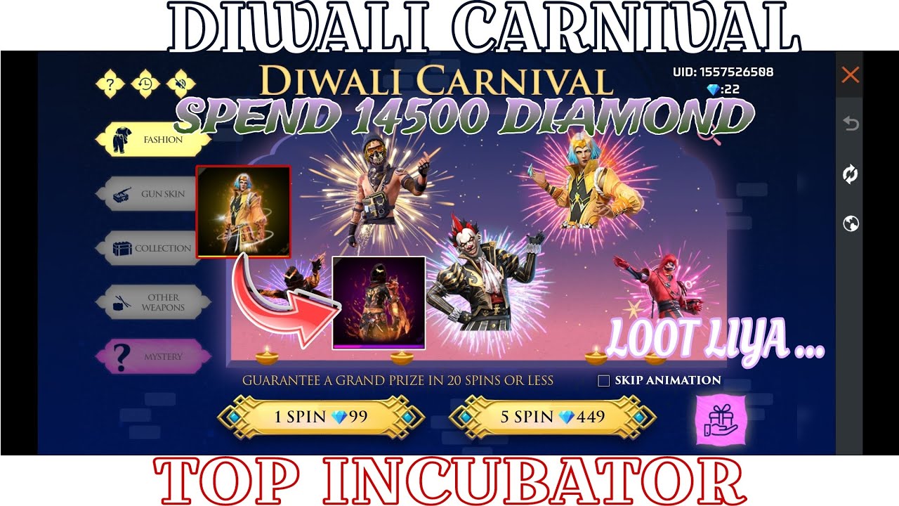 FREE FIRE COMPLETE NEW DIWALI CARNIVAL EVENT : OWNED ALL TOP INCUBATOR BUNDLE