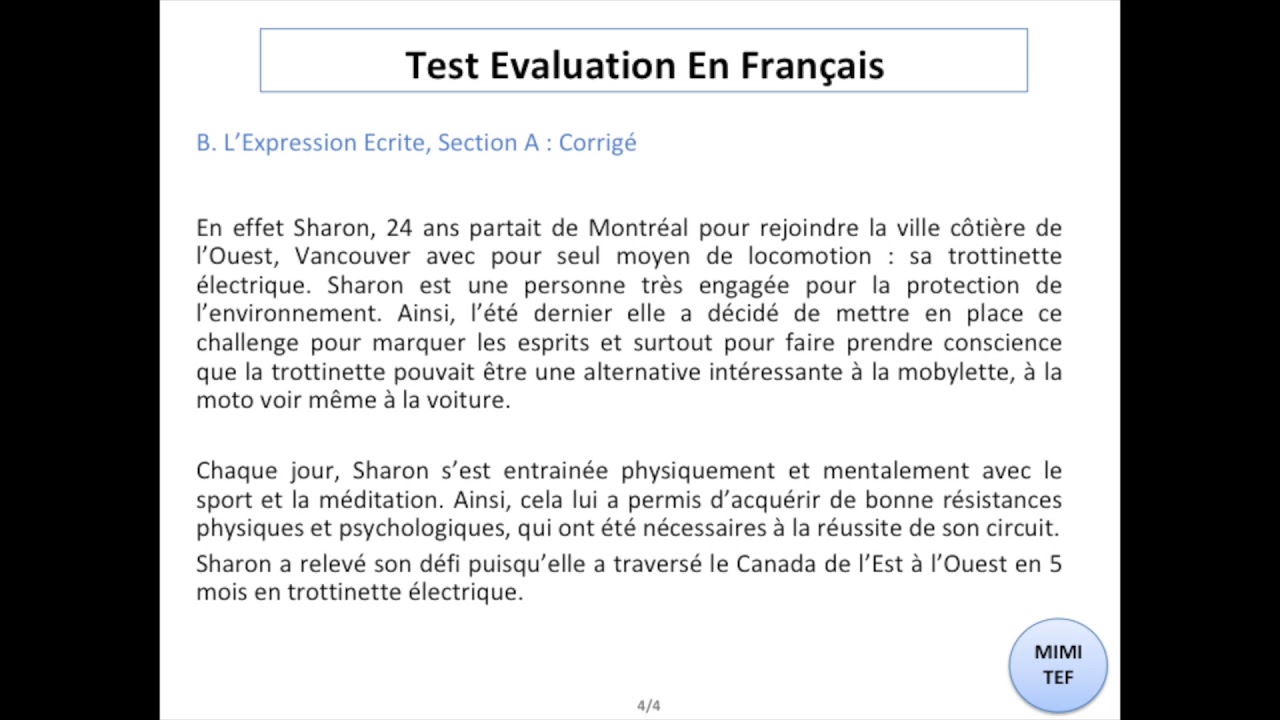 Tef / Tef Canada - Section A, Expression Ecrite, SUJET 2 : EXERCICE & CORRECTION