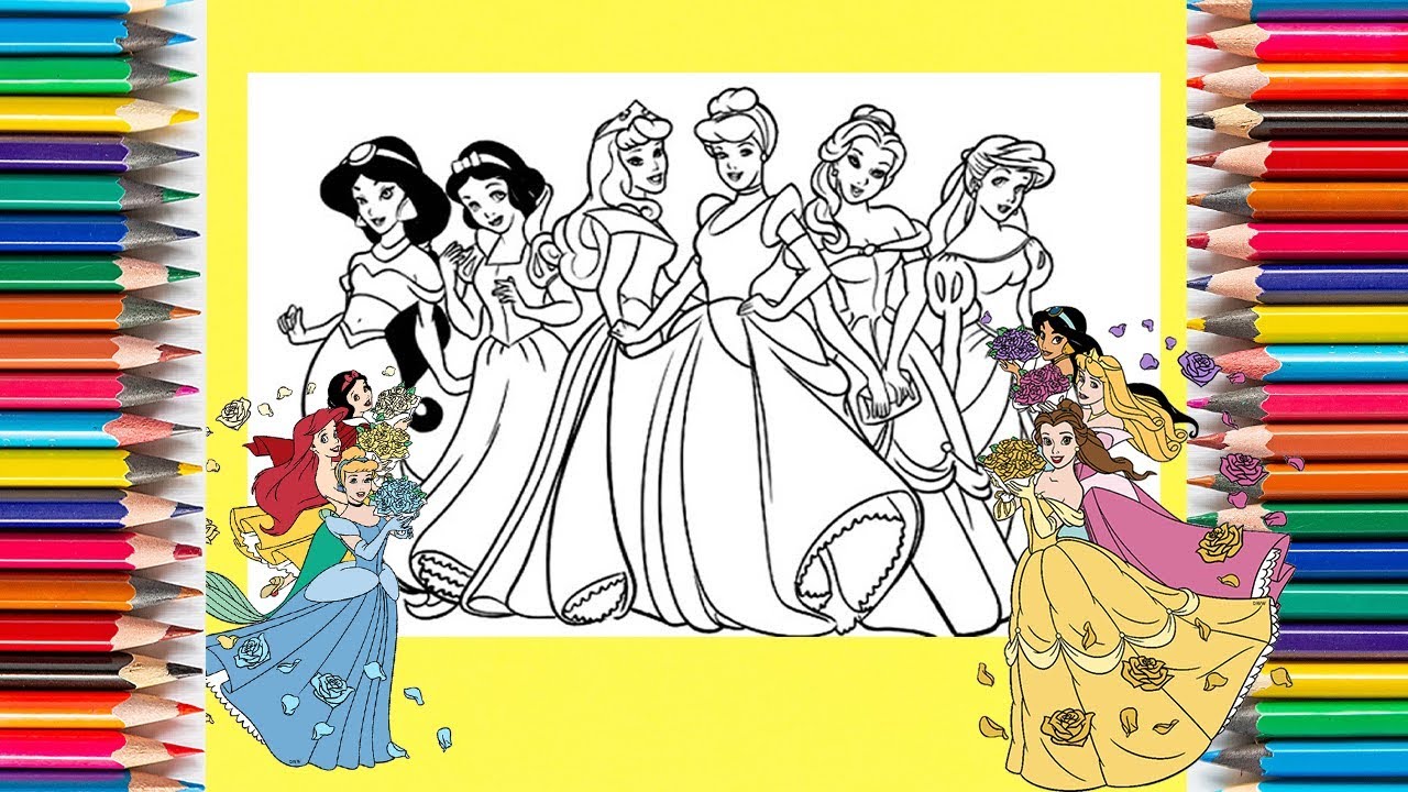 Coloring Princess Cinderella Belle Jasmine  Ariel Aurora Snow-White... | Coloring Pages for kids