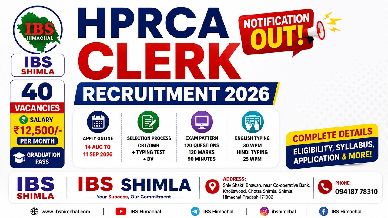 HPRCA Clerk Recruitment 2026 Out | 40 Vacancies  | Full Notification | Syllabus | IBS Shimla