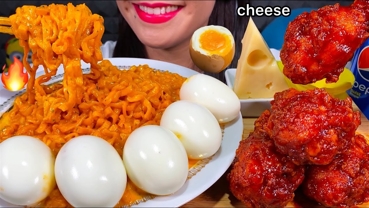 ASMR CHEESY CARBO FIRE NOODLES, SPICY FRIED CHICKEN, SOFT BOILED EGGS MASSIVE Eating Sounds
