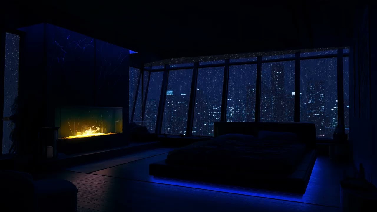 🌧️ Cozy Rainy Night in a Luxury City Bedroom with Gentle Piano and Warm Fireplace Ambience for Sleep