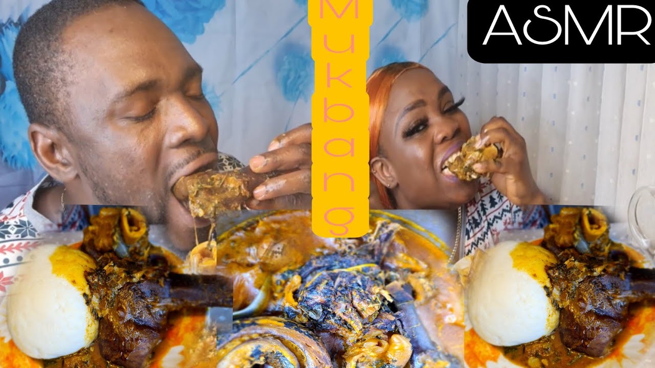 ASMR MUKBANG BUSH MEAT OGBONO SOUP WITH DRY FISH ,COWLEG AND RICE FUFU+PUREE#NEW YEAR DAY  MUKBANG