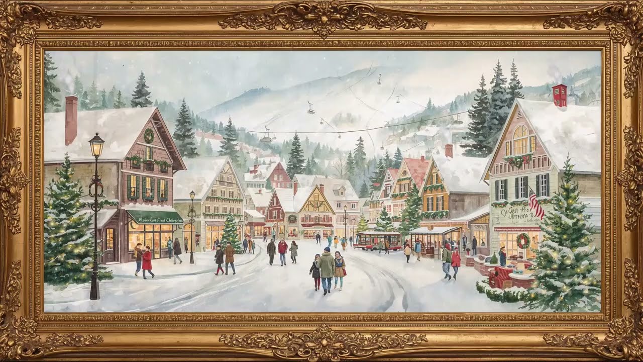 Winter Wonderland Ski Town Screensaver | Golden tv screensaver framed with Snowfall Music HDR