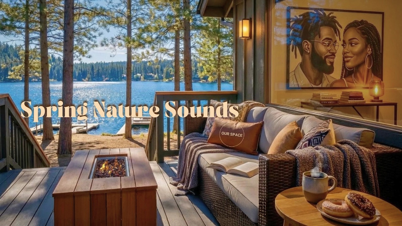Spring Morning Lakeside Cabin | Birds, Fire & Water For Focus | Cozy Noir