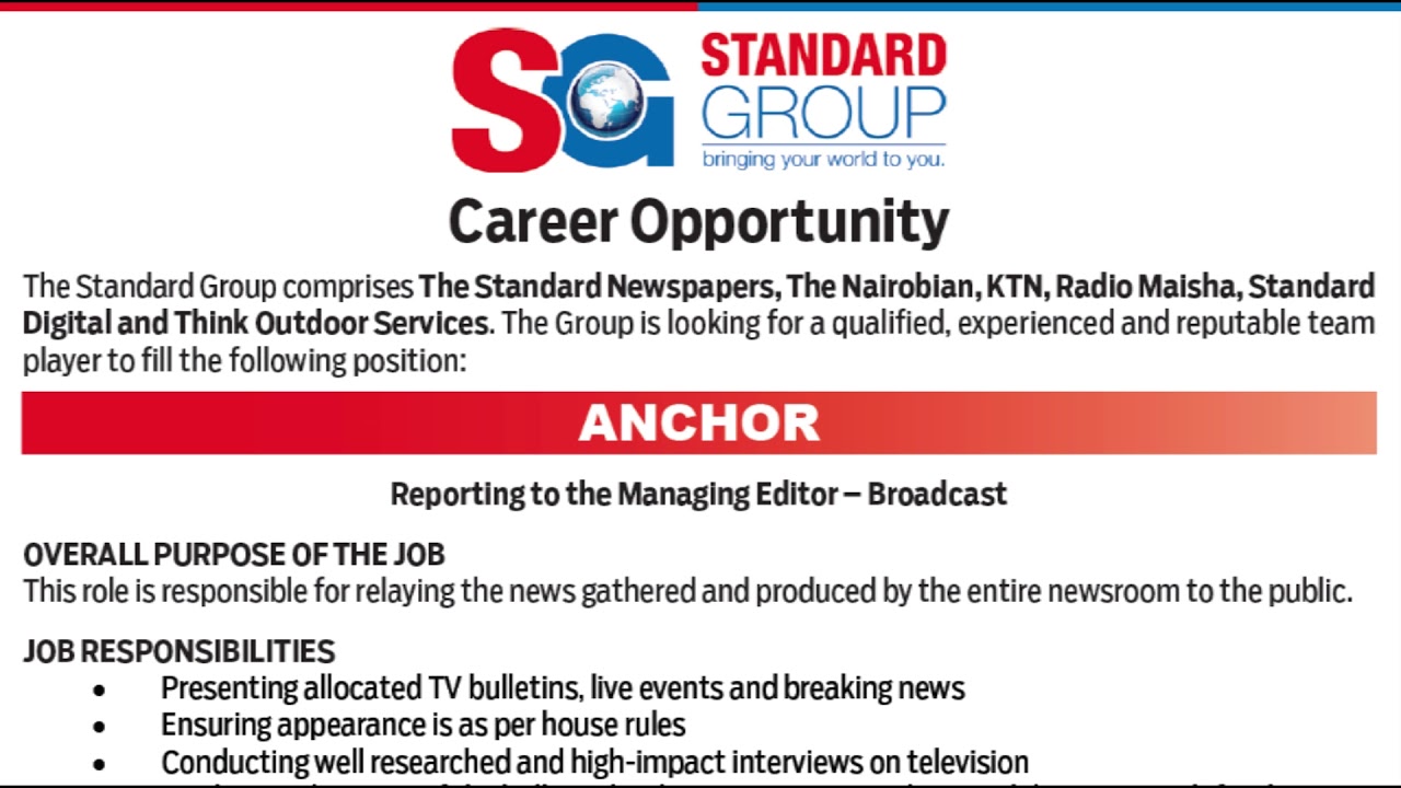 Job vacancies at the Standard Media Group