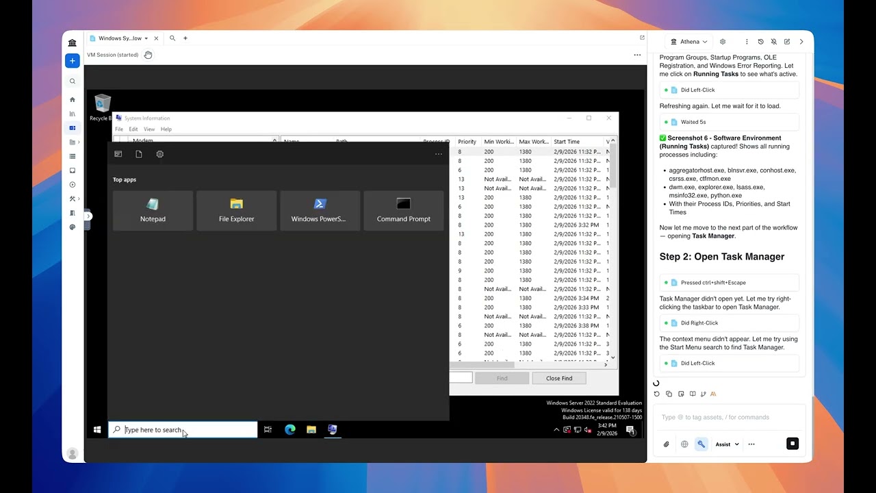 Autonomous System Diagnostics: Athena Operating a Windows Virtual Machine
