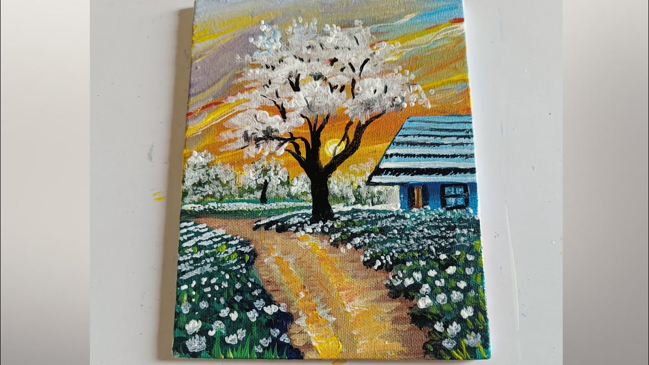 How to paint white flower trees in the morning landscape/acrylic painting 