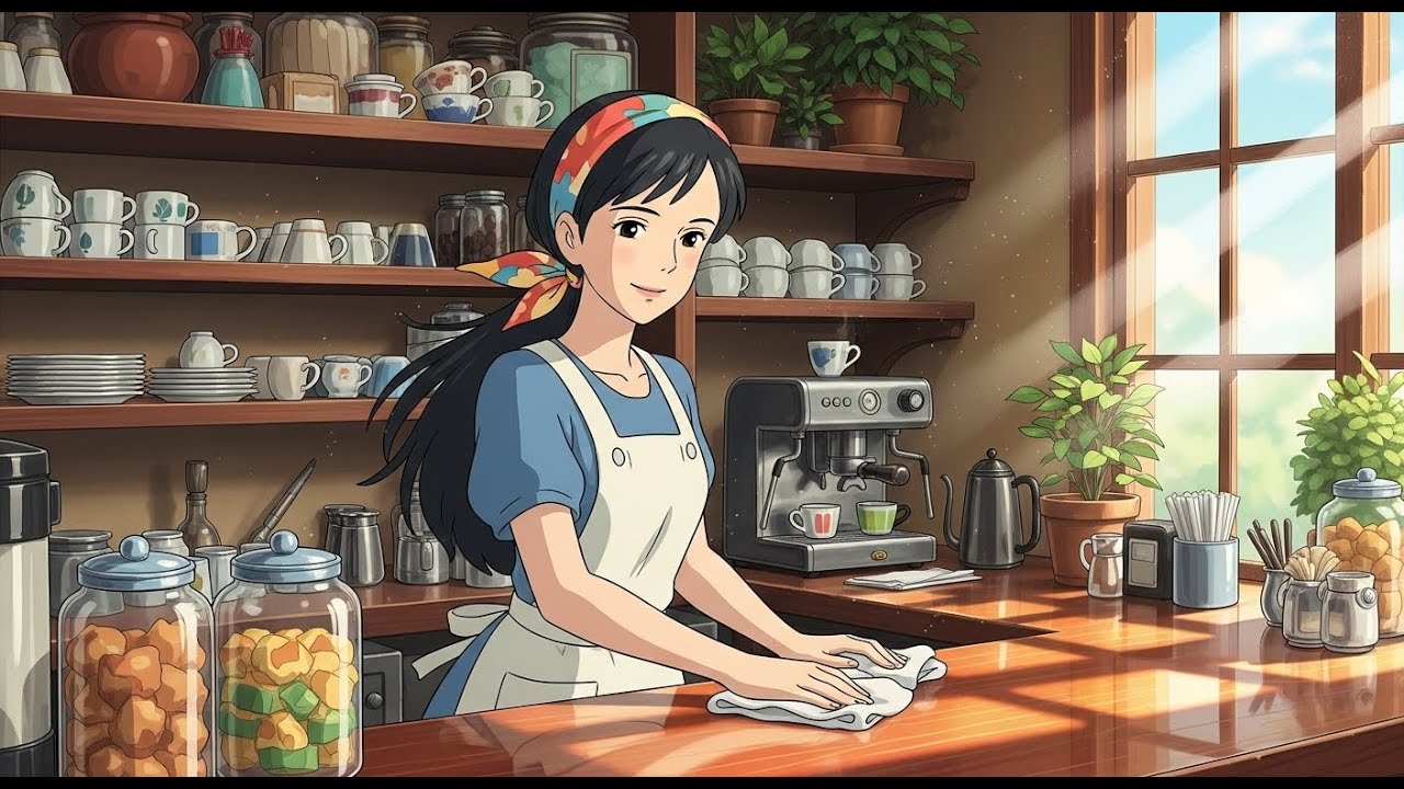 A Peaceful Café Morning | From Brewing Matcha to Serving Latte | Ghibli Animation