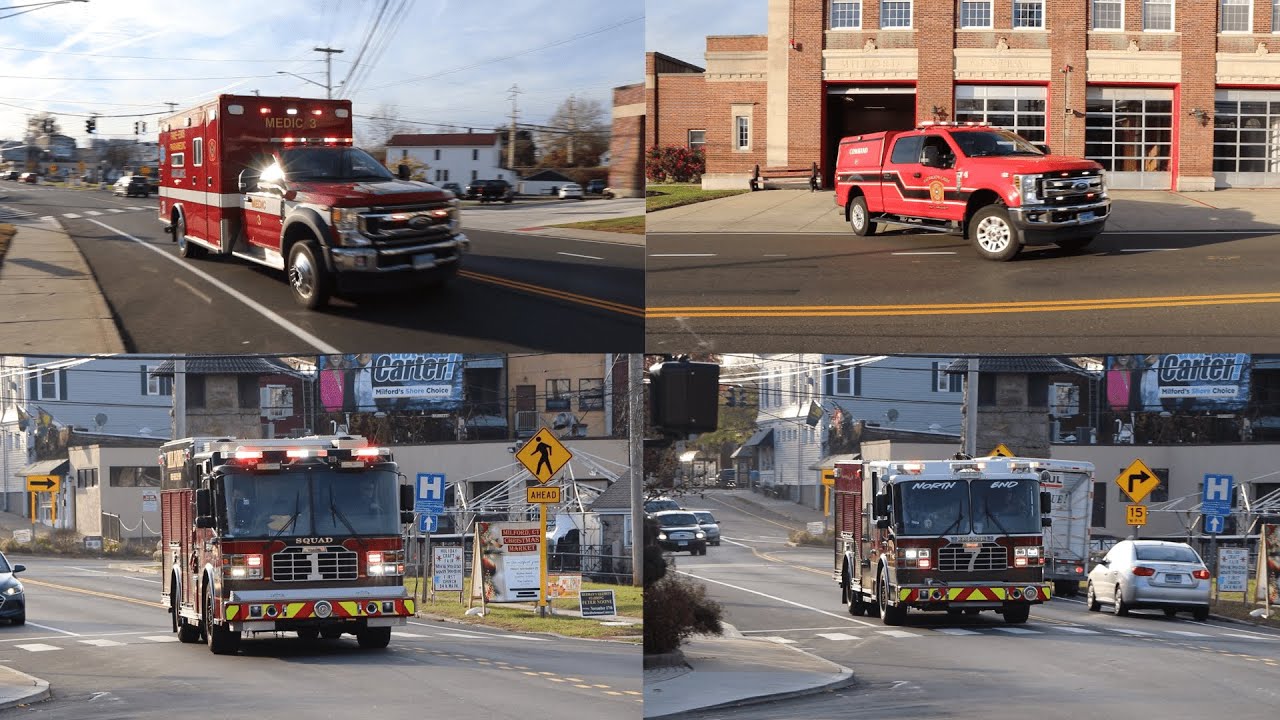 Milford, CT Medic 3, Car 4, Squad 1, and Engine 7 responding to a possible structure fire