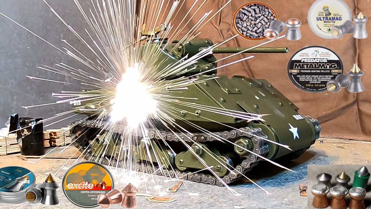 Pellet Gun VS metal DIY RC Tank: Armor Penetration Test. Real Damage BB Gun Battle Shooting Firing