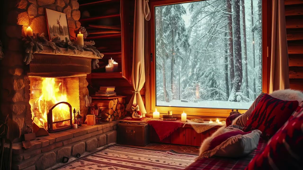 4 Hour Cozy Winter Cabin Fireplace ❄️ Crackling Fire & Snowy Forest View | Relax & Sleep Ambience