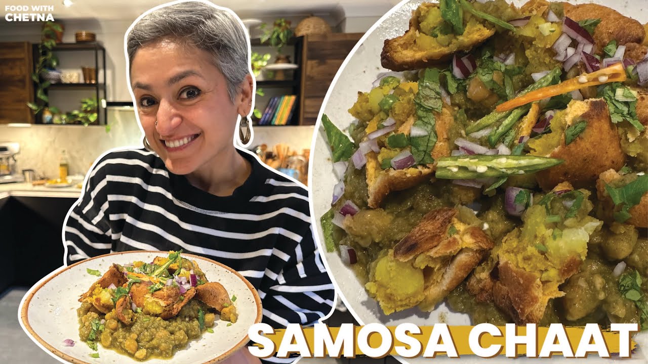 PUNJABI SAMOSA CHAAT - Best potato peas samosas with chatpati chole!
