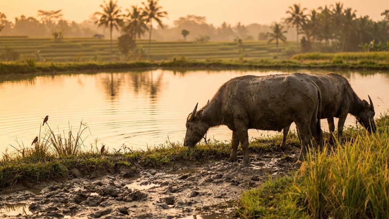 Water Buffalo Grazing in Asian Countryside | Nature Sounds (No Music) Rural Life