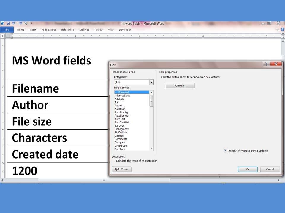 How to add dynamic fields in MS Word