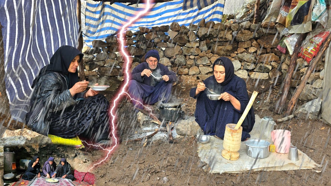 ​Cave Life in Heavy Rain : Nomadic Survival & Traditional Mountain Cooking 🌧️⛰️