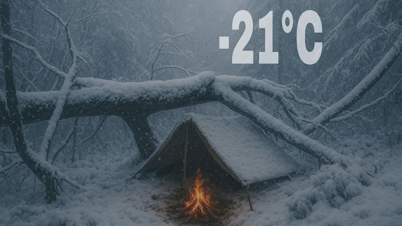 Extreme Winter Survival in Heavy Snow | Under a Fallen Tree at -21&deg;C