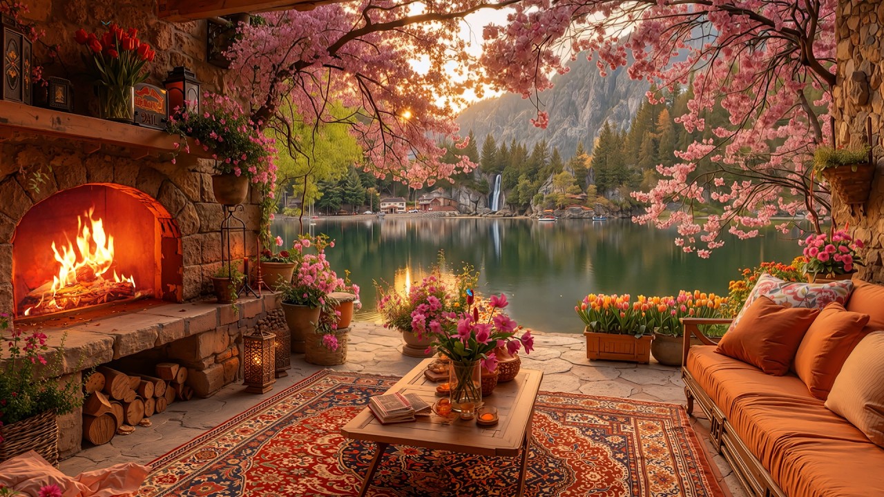 Tranquil Spring Sunrise at the Lakeside Cabin 🌸 Gentle Piano, Crackling Fire & Bird Sounds for Work