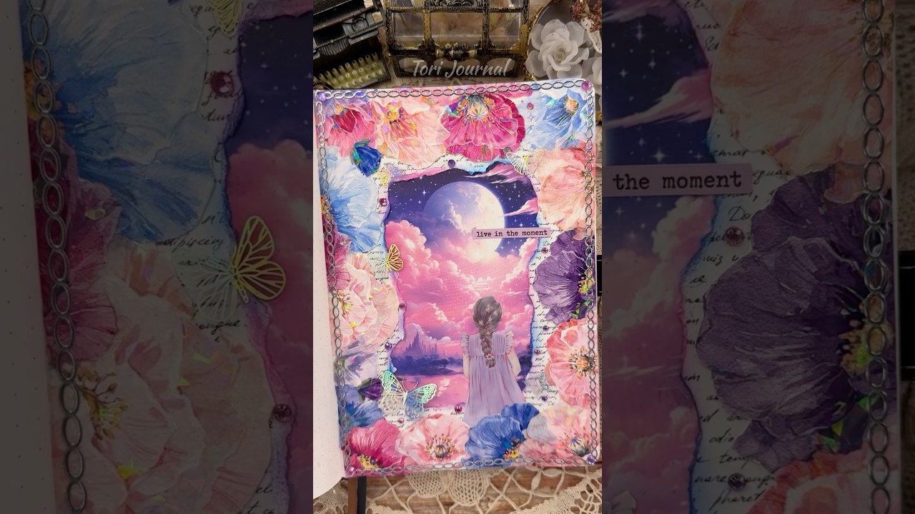 ASMR journal Pink Twilight 🌸💜✨🦋🌑🌌|#asmr #scrapbooking #journaling #journal #fyp #diy #pink