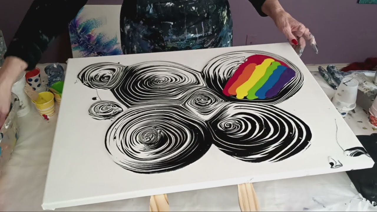 #305 Pretty cells and lacing in this colorful swipe over black and white ring pours~fluidart swipe
