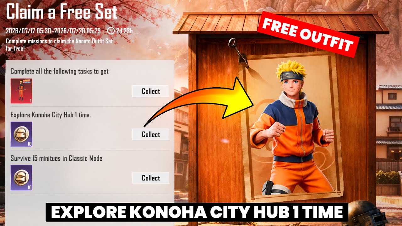 FREE NARUTO OUTFIT SET IN BGMI | EXPLORE KONOHA CITY HUB 1 TIME | COMPLETE ALL THE FOLLOWING TASKS