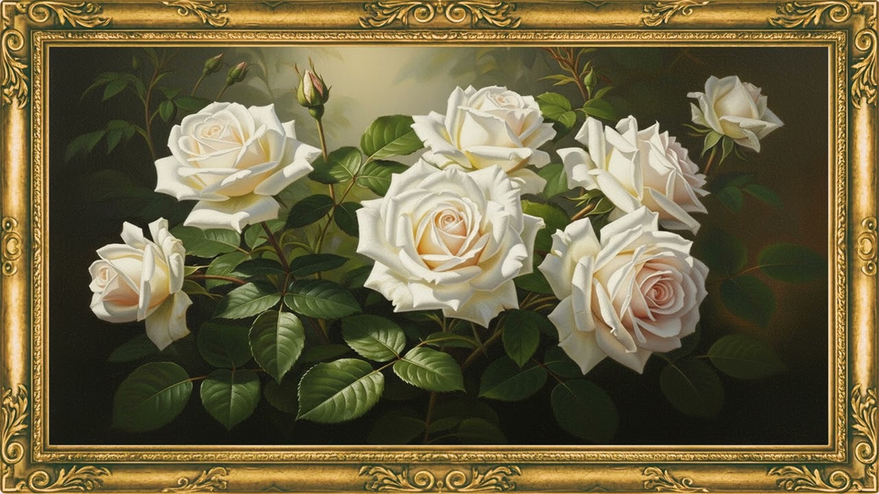 Vintage White Rose Botanical Art 4K | Fine Oil Painting Interior Showcase