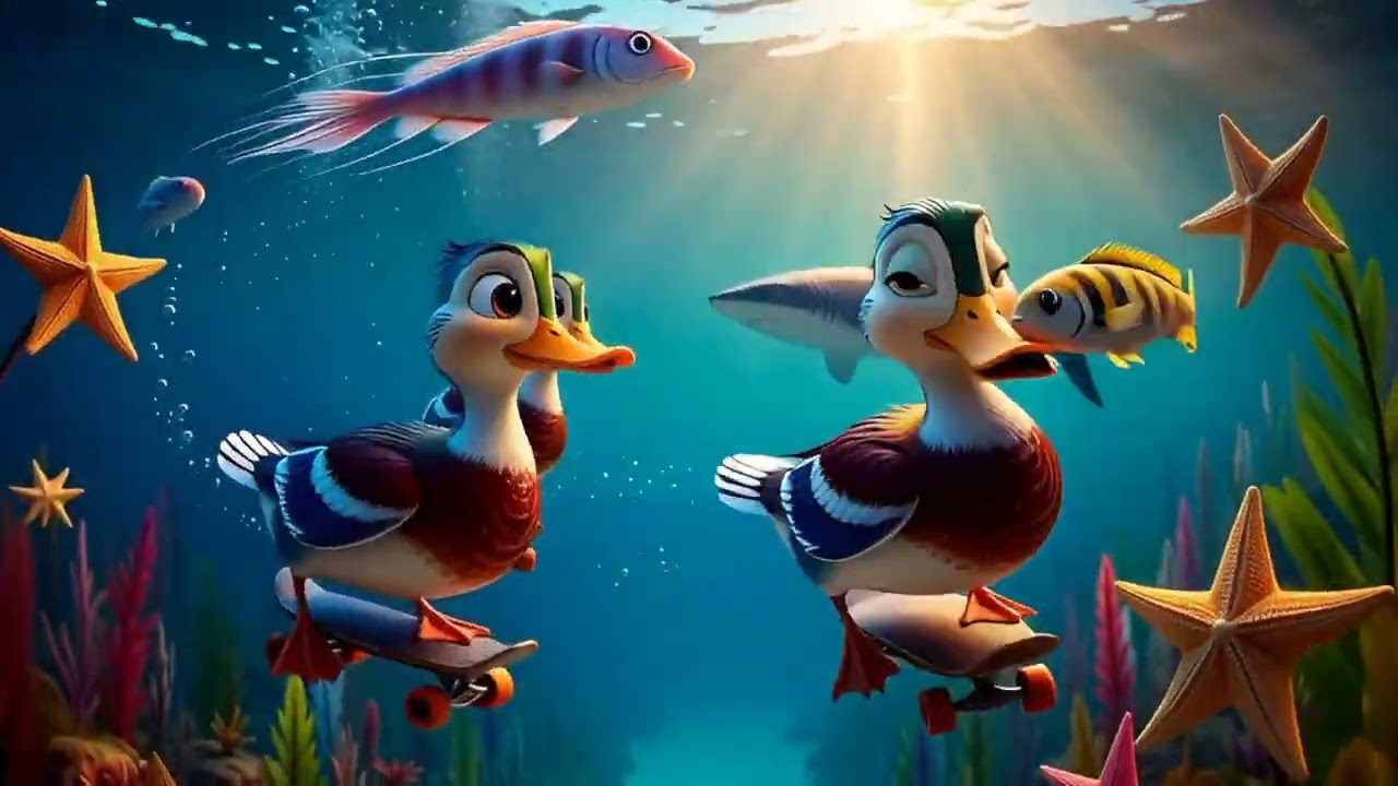 Cute ducks having fun under the sea. 
