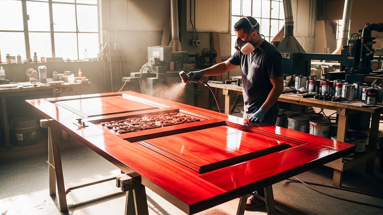 Mastering Curved Wood Design with Machines, A Skillful Carpenter Creating a Perfect Wood Door
