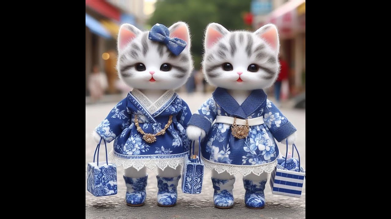 Cute baby kittens in blue and white porcelain pattern outfits 
