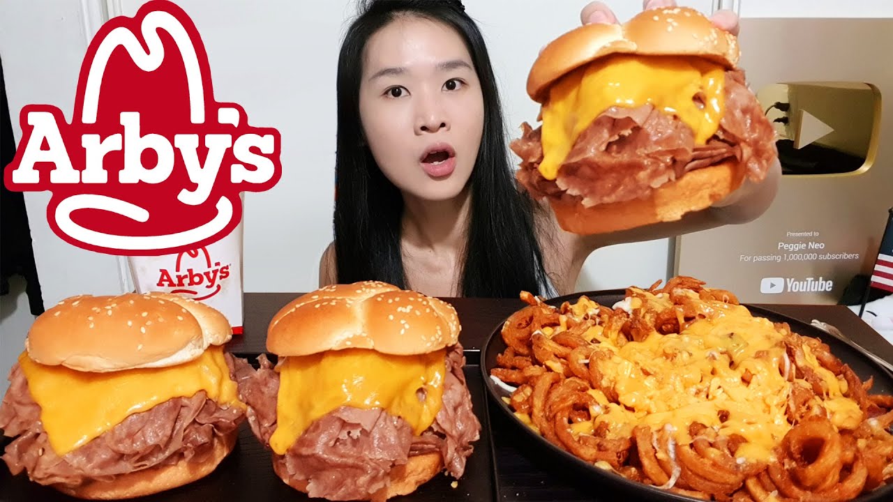 ARBY'S 1/2 POUND ROAST BEEF SANDWICH! Extra Cheesy Loaded Curly Fries, Crispy Waffle Fries - Mukbang