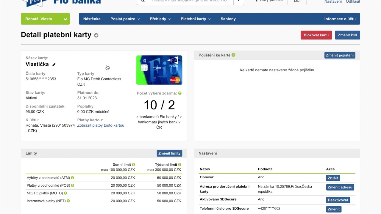 Fio Internetbanking - Spr&aacute;va platebn&iacute;ch karet