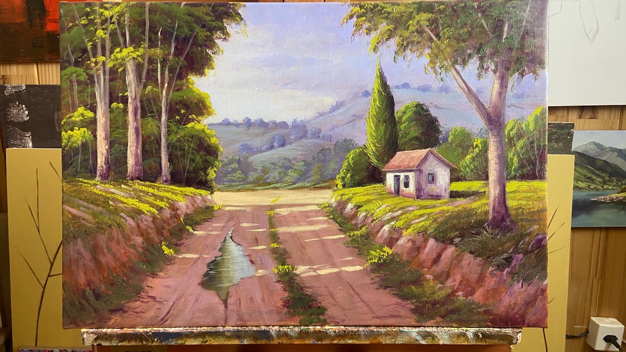 Aula de pintura paisagem caminho casinha passo a passo acrílico sobre tela parte 3